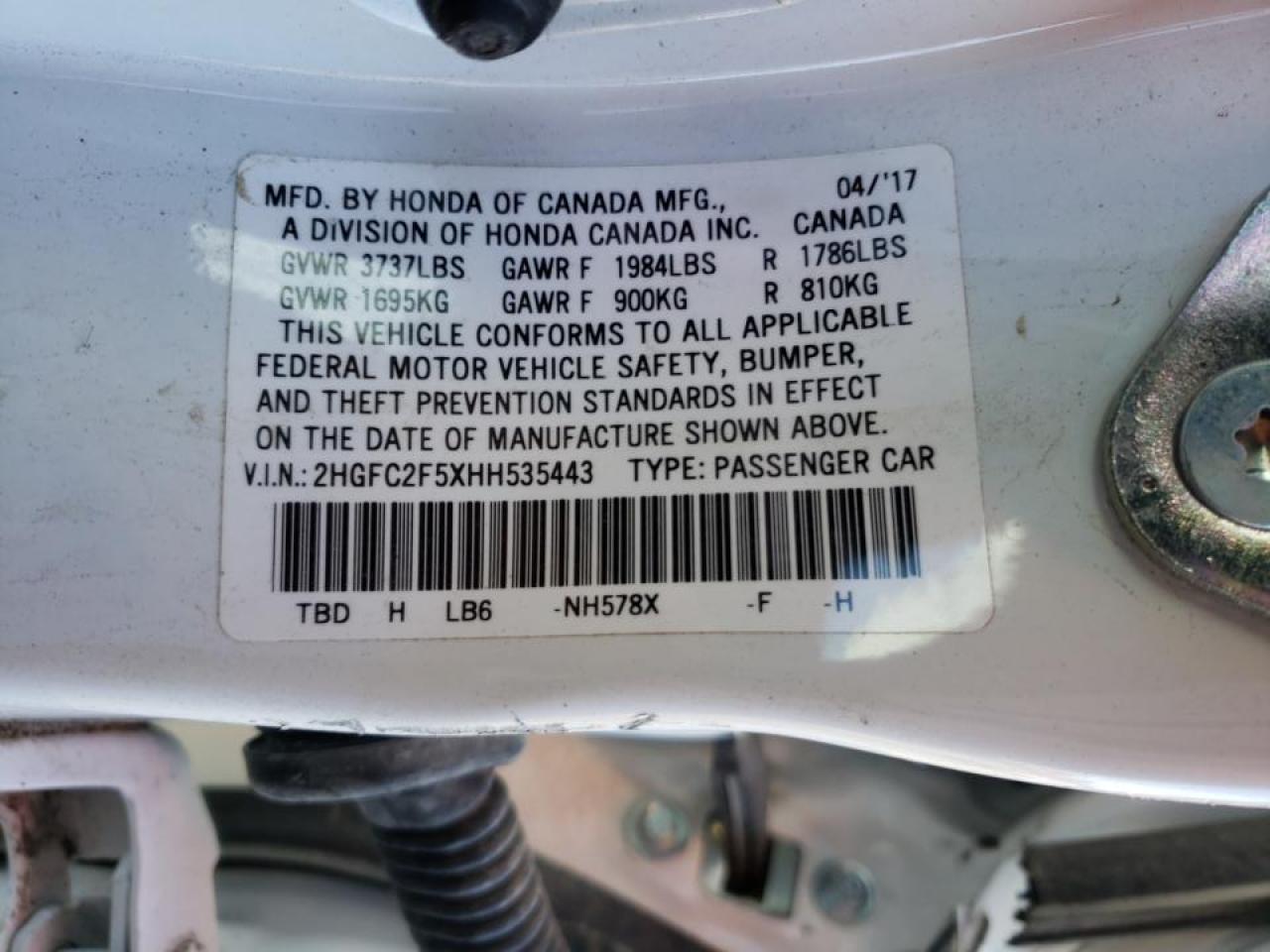 Photo 10 from auction – 2017 HONDA CIVIC LX with VIN 2HGFC2F5XHH535443