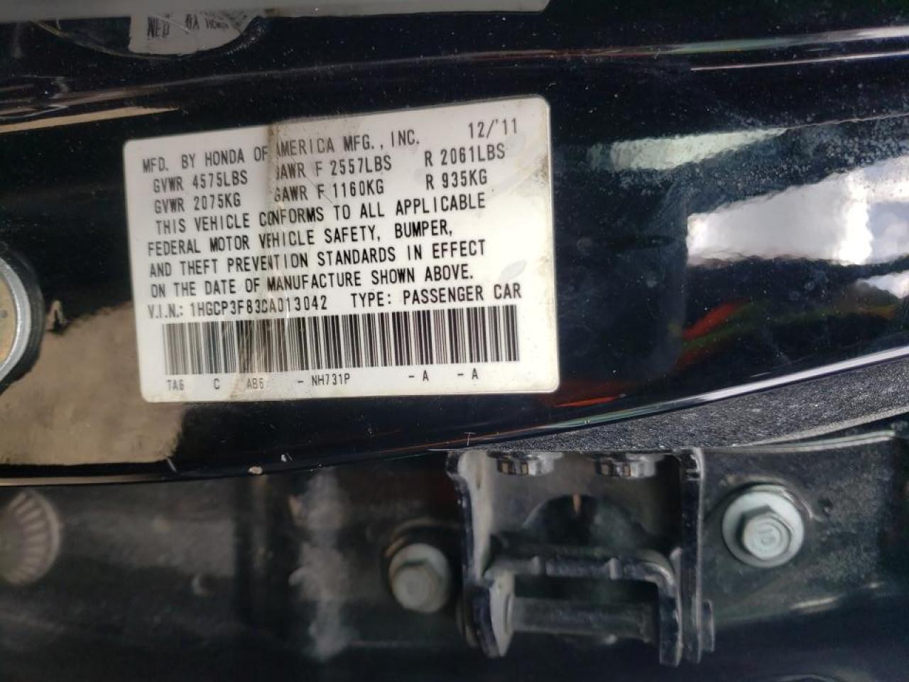 Photo 10 from auction – 2012 HONDA ACCORD EXL with VIN 1HGCP3F83CA013042