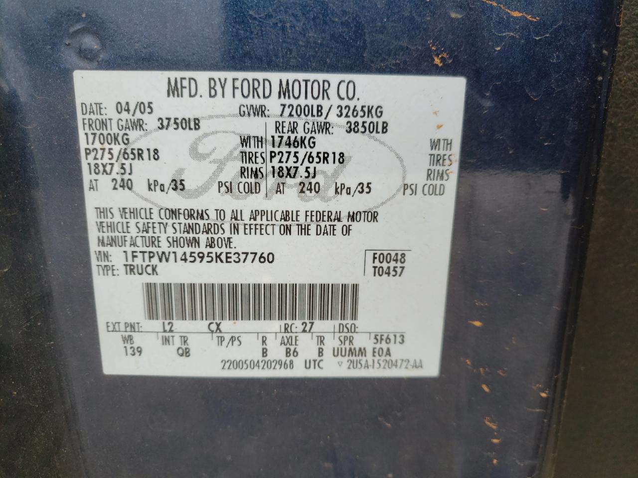 Photo 10 from auction – 2005 FORD F150 SUPER with VIN 1FTPW14595KE37760