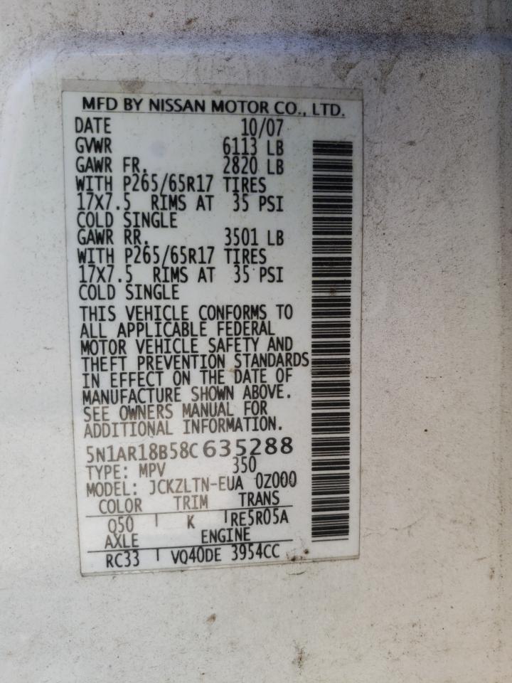 Photo 10 from auction – 2008 NISSAN PATHFINDER with VIN 5N1AR18B58C635288