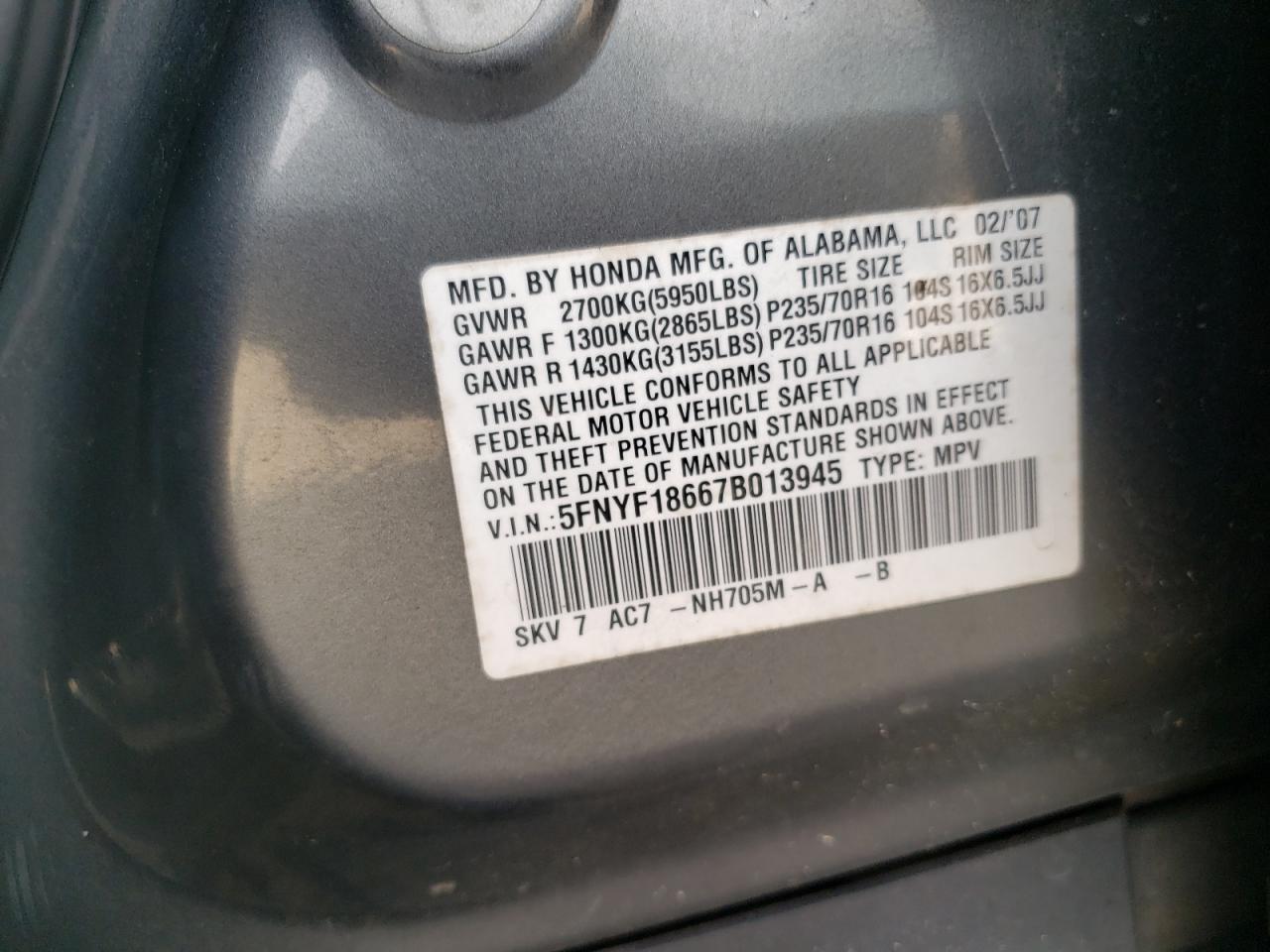 Photo 10 from auction – 2007 HONDA PILOT EXL with VIN 5FNYF18667B013945
