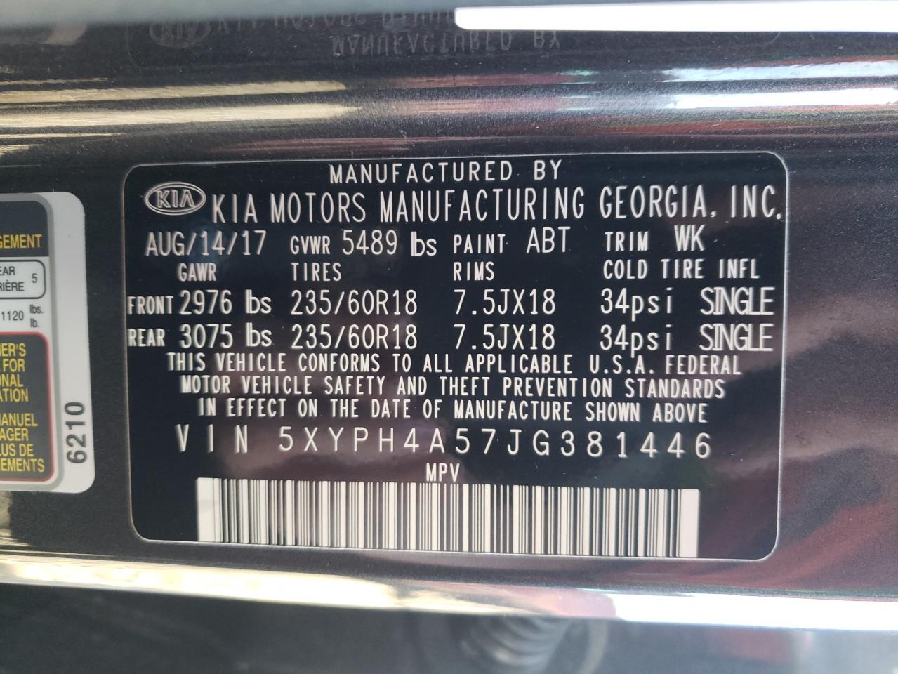Photo 10 from auction – 2018 KIA SORENTO EX with VIN 5XYPH4A57JG381446