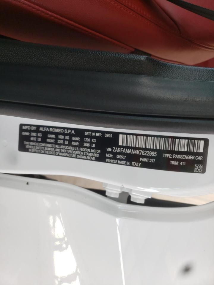 Photo 10 from auction – 2019 ALFA ROMEO GIULIA with VIN ZARFAMAN4K7622965