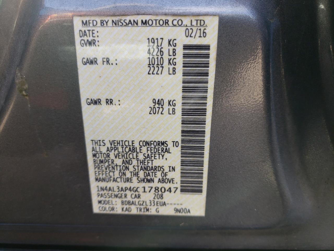 Photo 10 from auction – 2016 NISSAN ALTIMA 2.5 with VIN 1N4AL3AP4GC178047