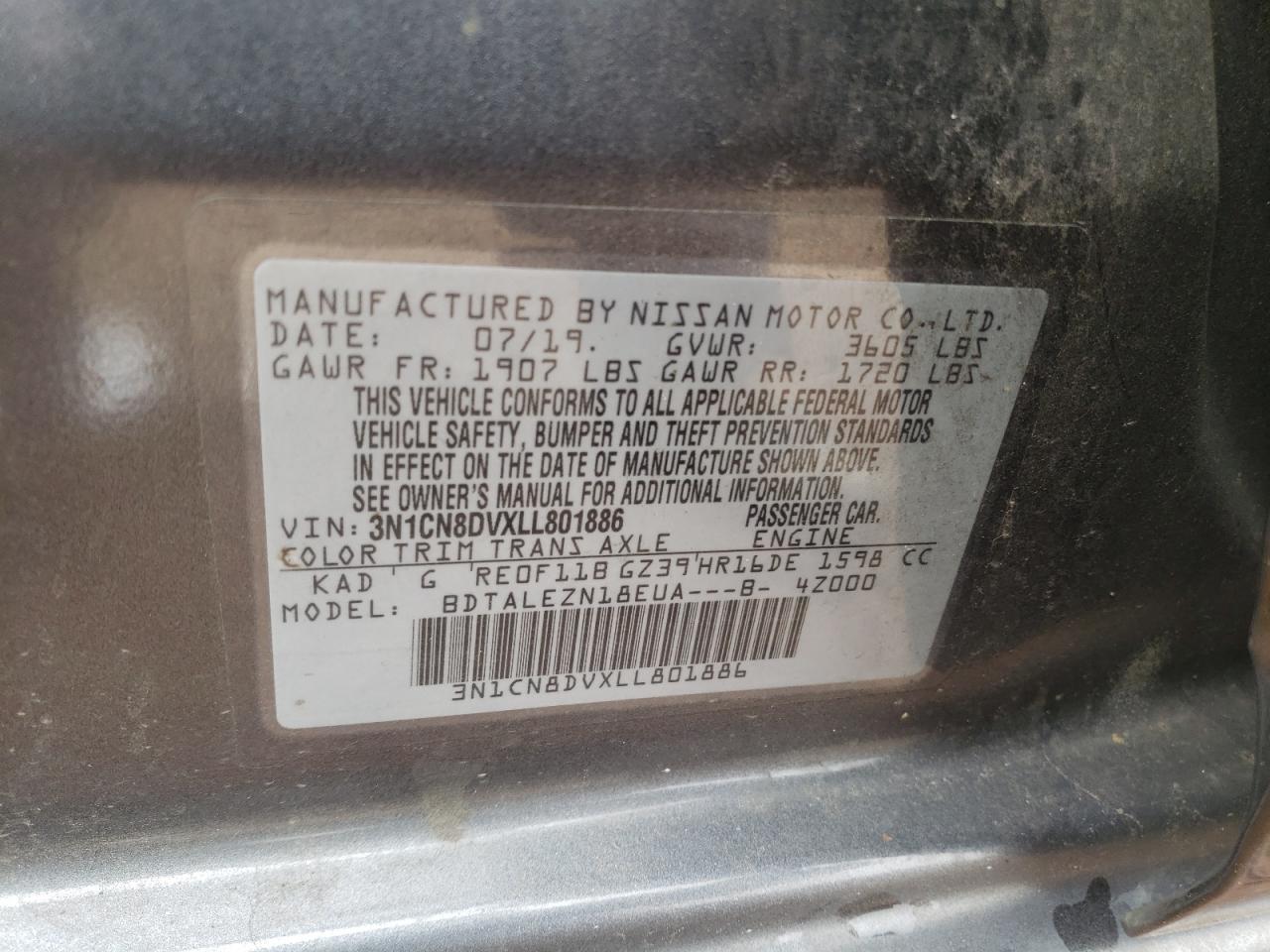 Photo 10 from auction – 2020 NISSAN VERSA S with VIN 3N1CN8DVXLL801886