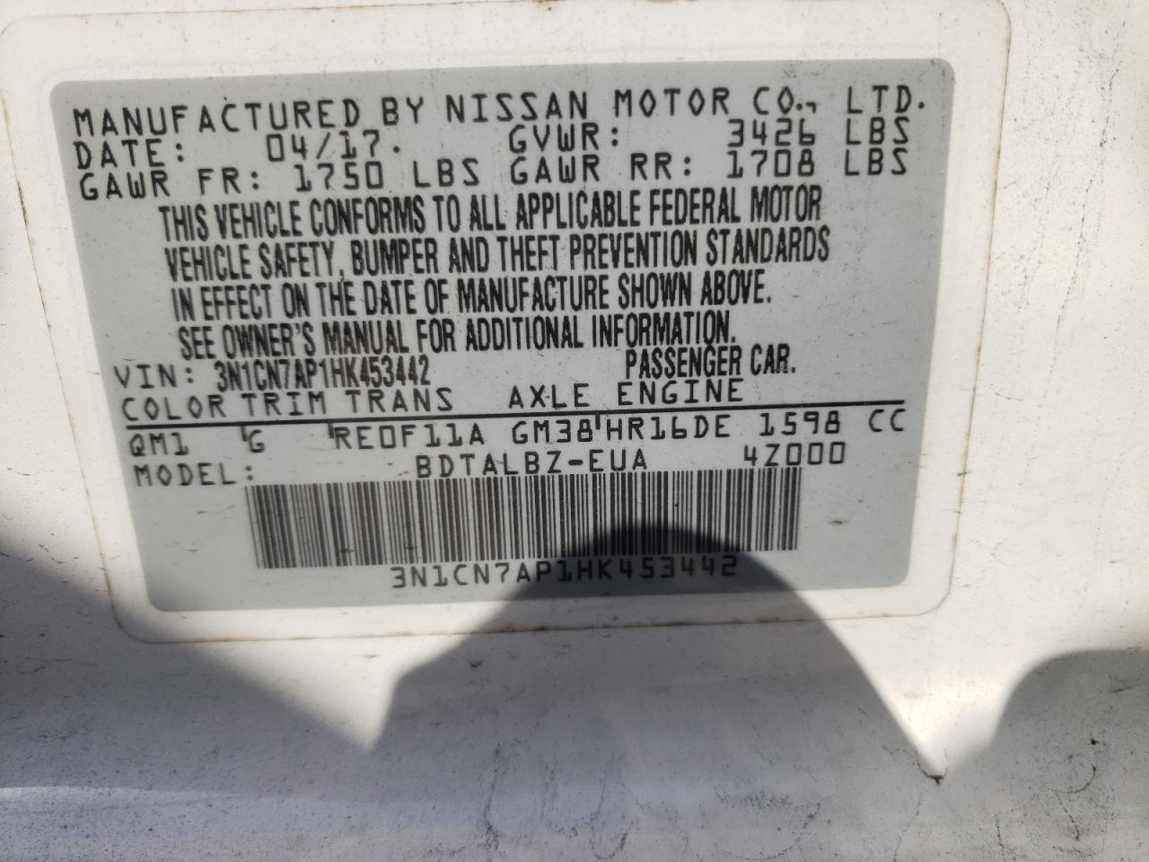 Zdjęcie 10 z aukcji – 2017 NISSAN VERSA S z VIN 3N1CN7AP1HK453442