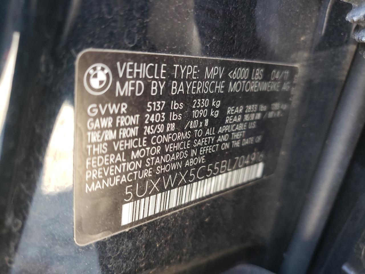 Photo 10 from auction – 2011 BMW X3 XDRIVE2 with VIN 5UXWX5C55BL704916
