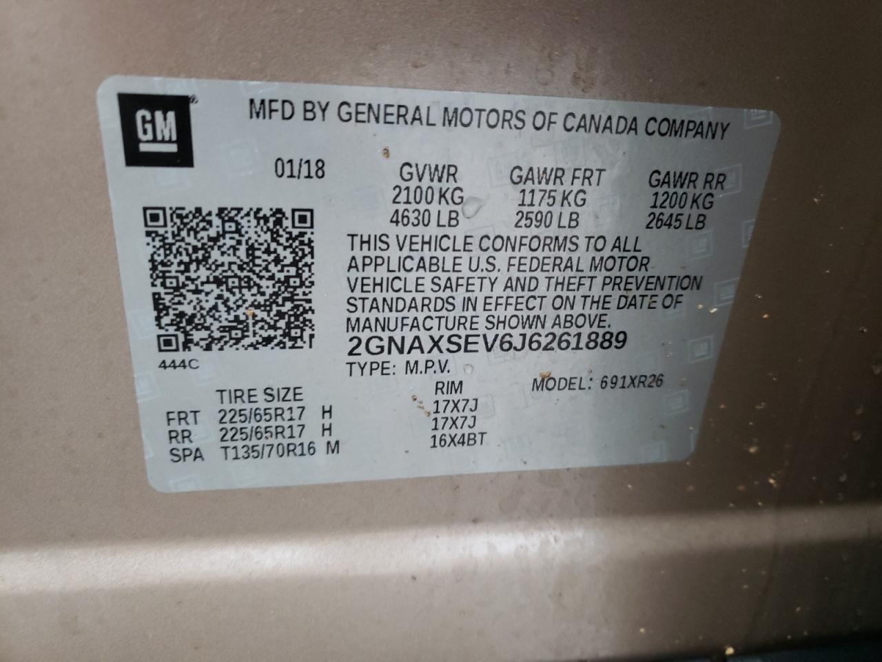 Photo 10 from auction – 2018 CHEVROLET EQUINOX LT with VIN 2GNAXSEV6J6261889