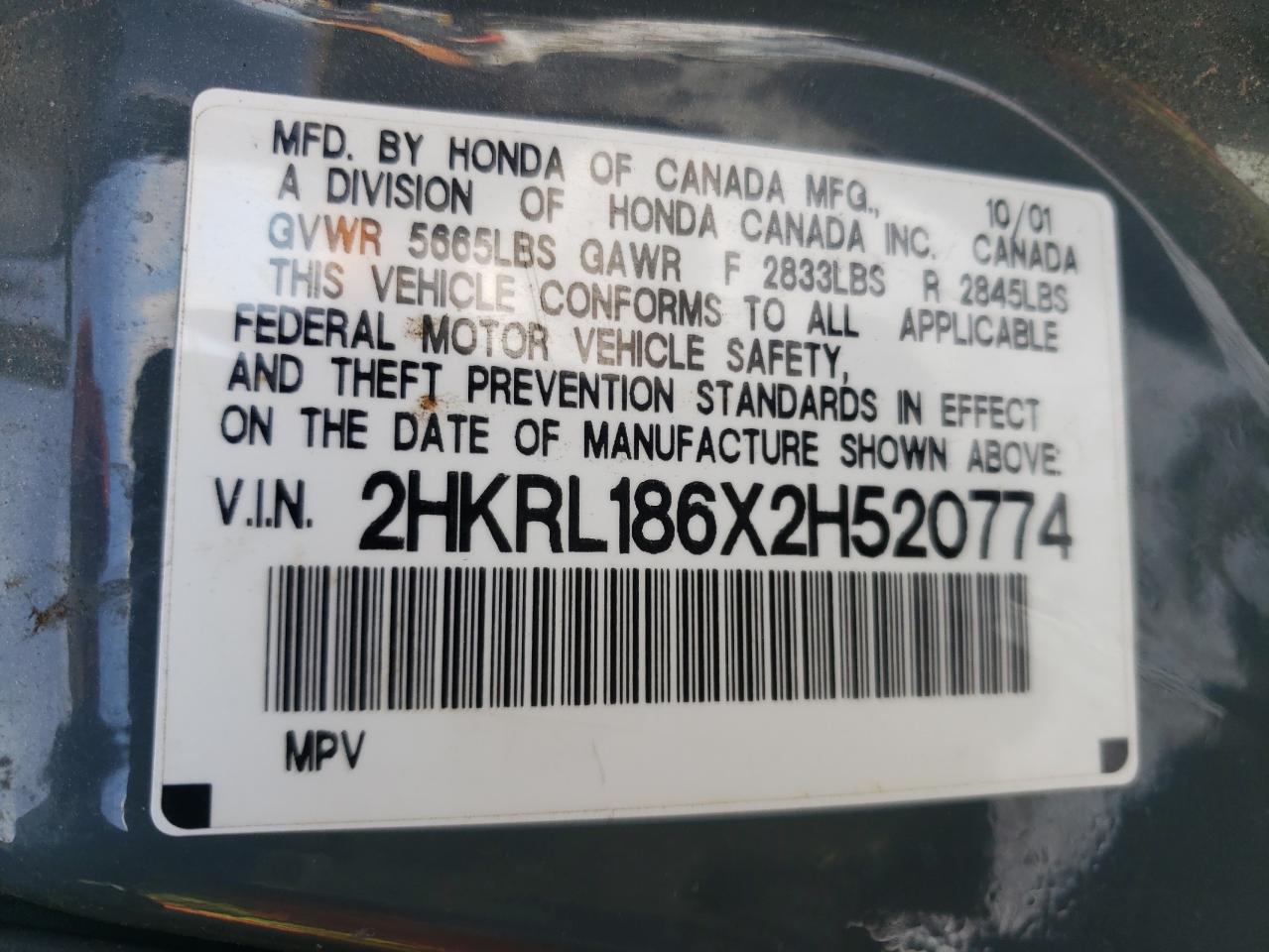 Photo 10 from auction – 2002 HONDA ODYSSEY EX with VIN 2HKRL186X2H520774