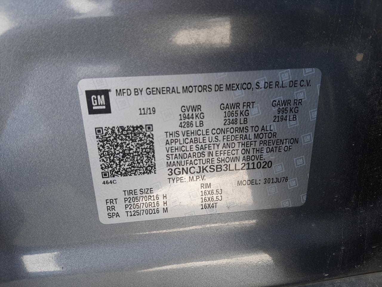 Photo 10 from auction – 2020 CHEVROLET TRAX LS with VIN 3GNCJKSB3LL211020