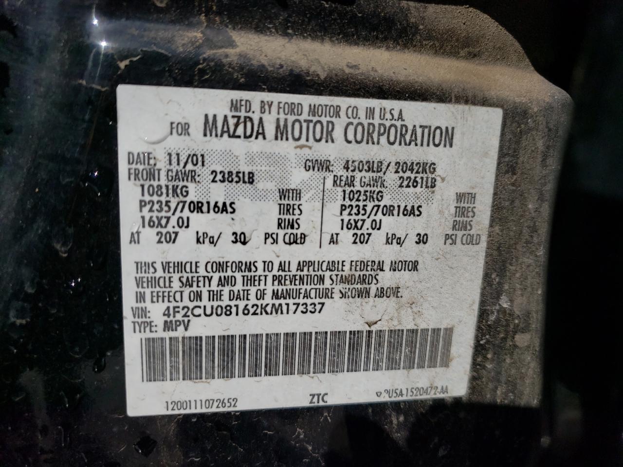 Photo 10 from auction – 2002 MAZDA TRIBUTE LX with VIN 4F2CU08162KM17337