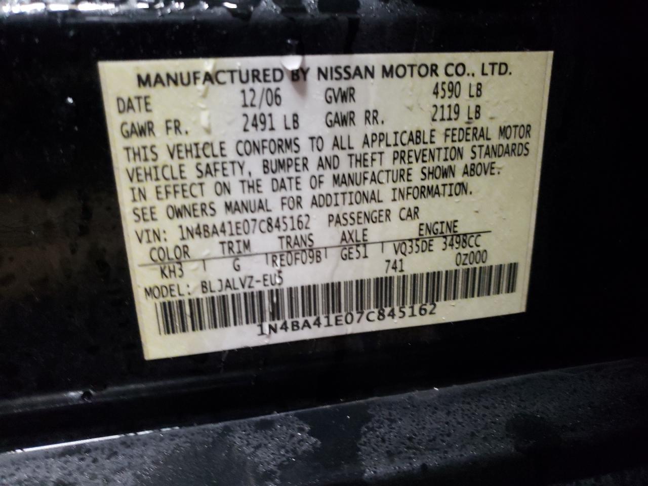 Photo 10 from auction – 2007 NISSAN MAXIMA SE with VIN 1N4BA41E07C845162