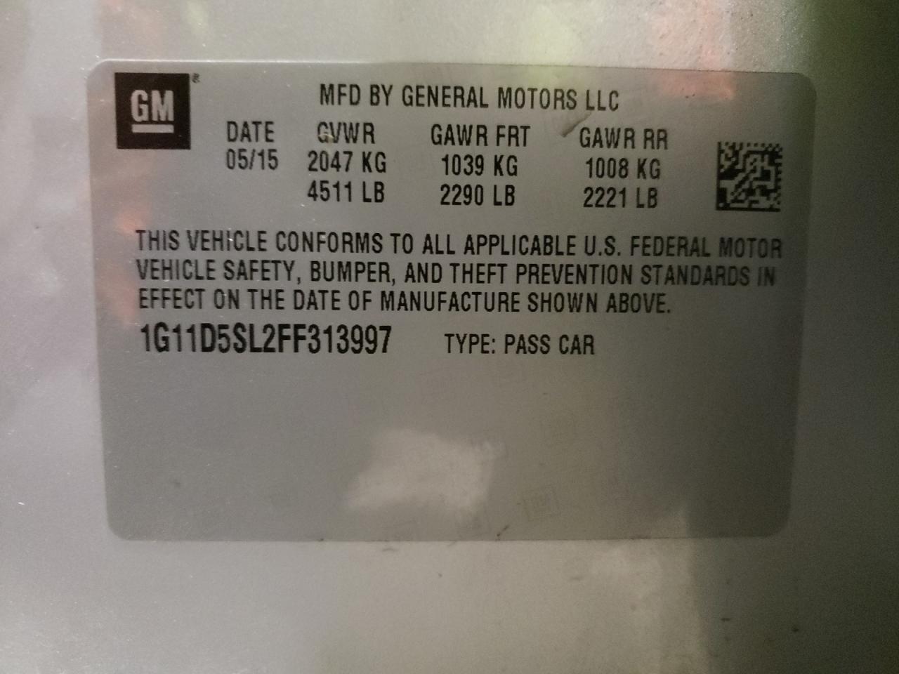 Photo 10 from auction – 2015 CHEVROLET MALIBU 2LT with VIN 1G11D5SL2FF313997