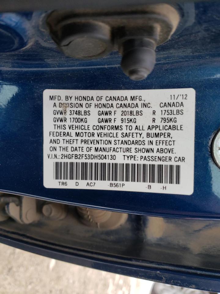 Photo 10 from auction – 2013 HONDA CIVIC LX with VIN 2HGFB2F53DH504130