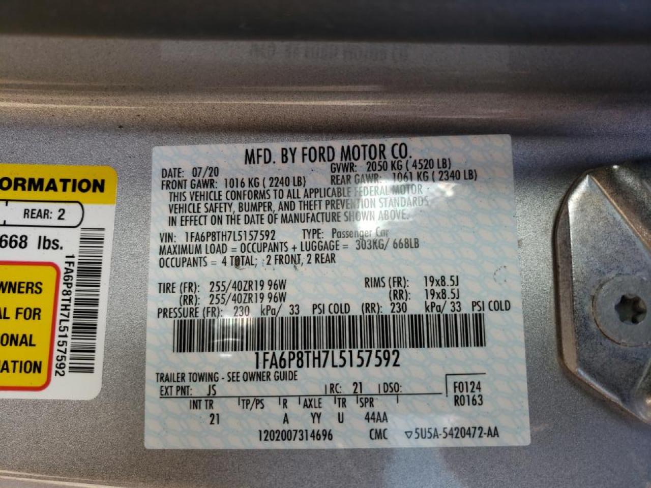Photo 10 from auction – 2020 FORD MUSTANG with VIN 1FA6P8TH7L5157592