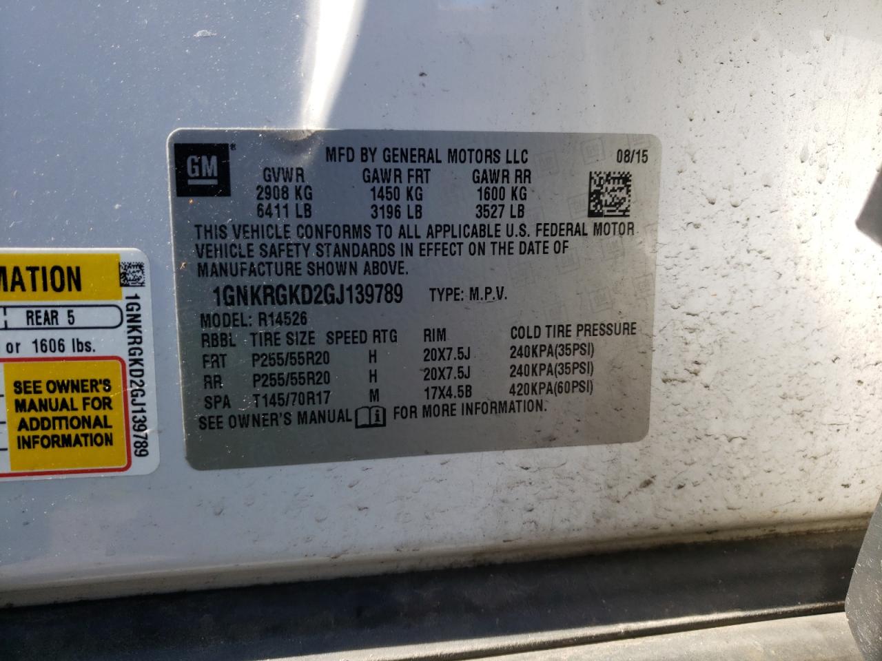 Photo 10 from auction – 2016 CHEVROLET TRAVERSE L with VIN 1GNKRGKD2GJ139789
