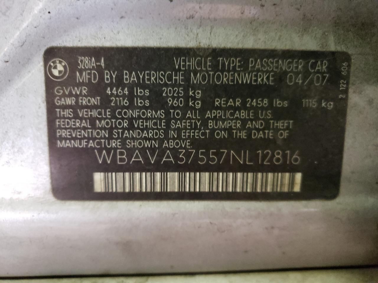 Photo 10 from auction – 2007 BMW 328 I with VIN WBAVA37557NL12816