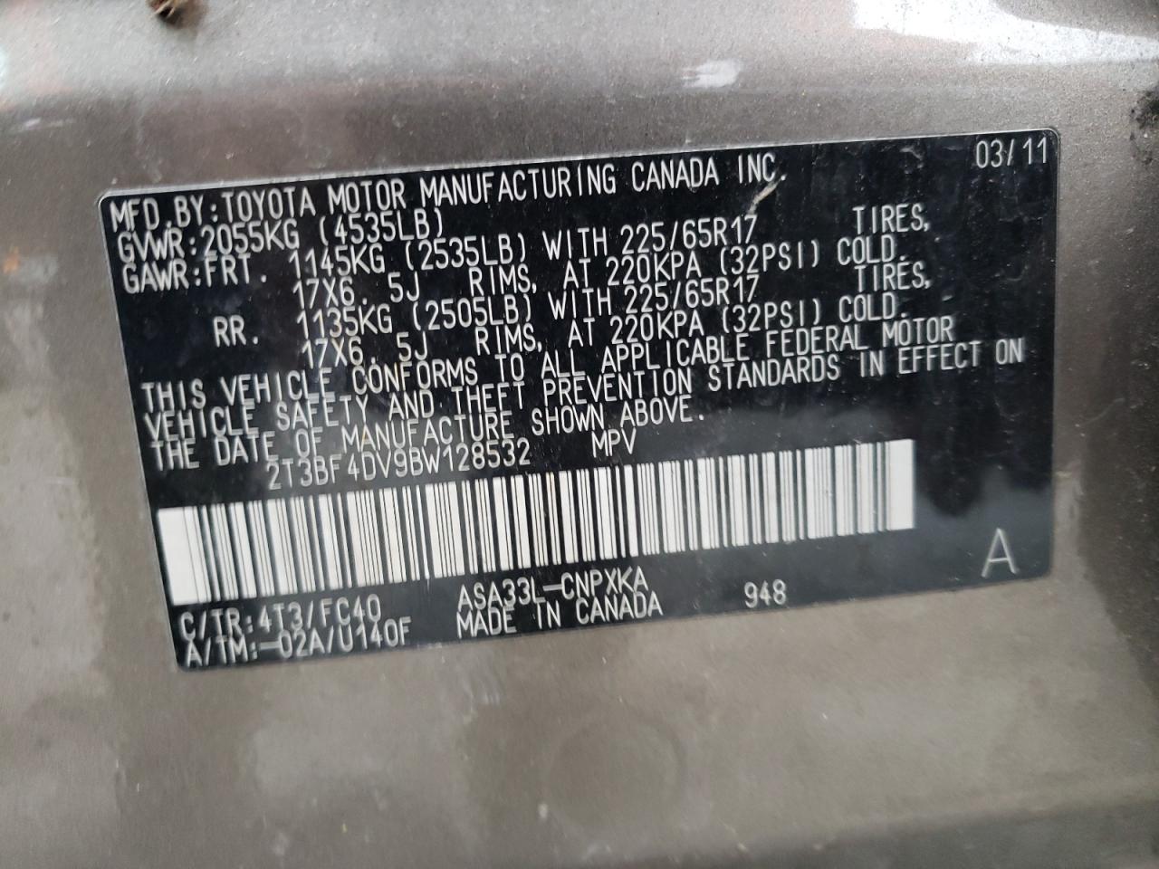 Photo 10 from auction – 2011 TOYOTA RAV4 with VIN 2T3BF4DV9BW128532