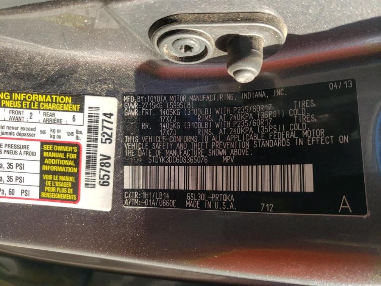 Photo 10 from auction – 2013 TOYOTA SIENNA XLE with VIN 5TDYK3DC6DS365076