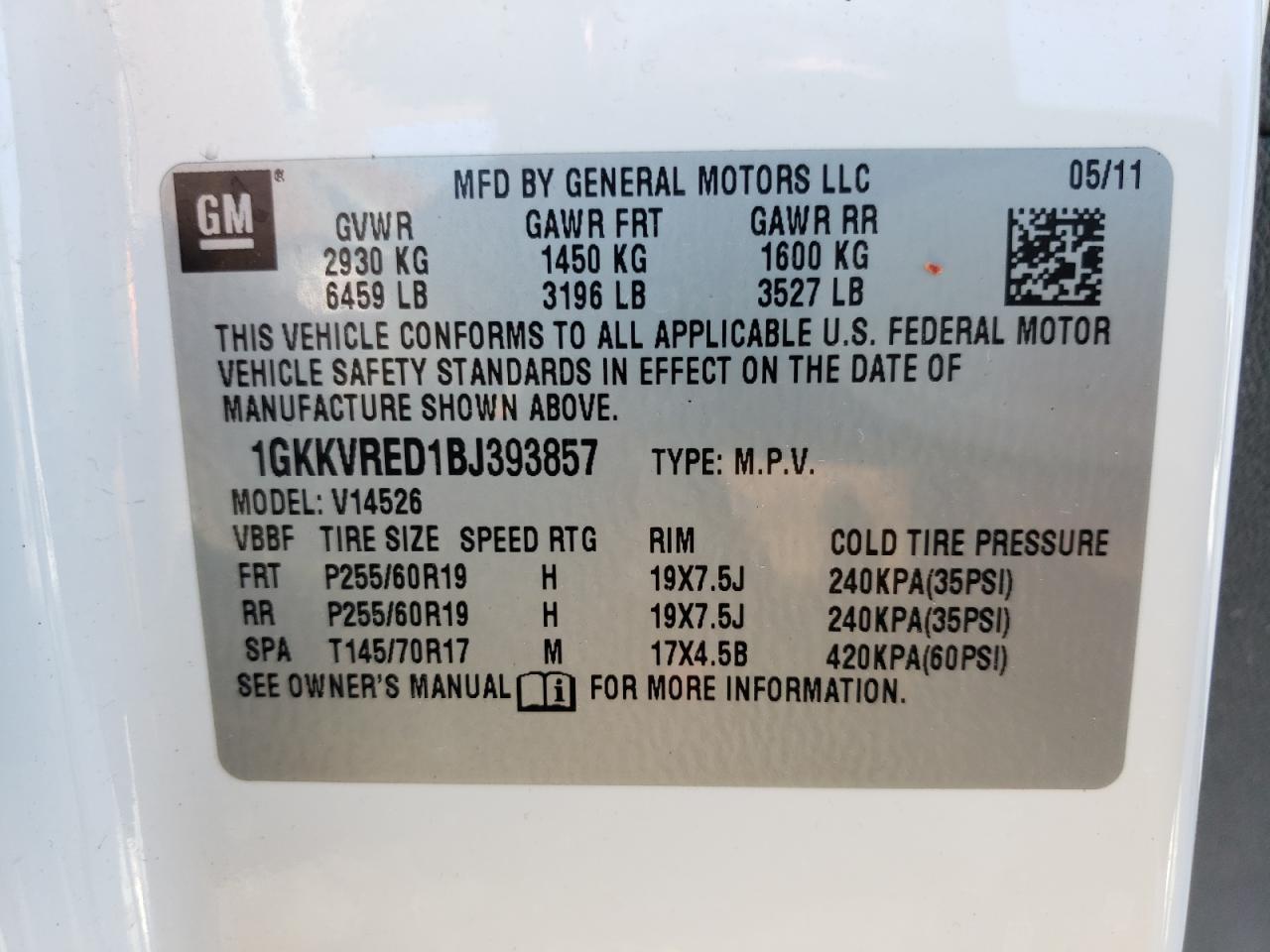 Photo 10 from auction – 2011 GMC ACADIA SLT with VIN 1GKKVRED1BJ393857