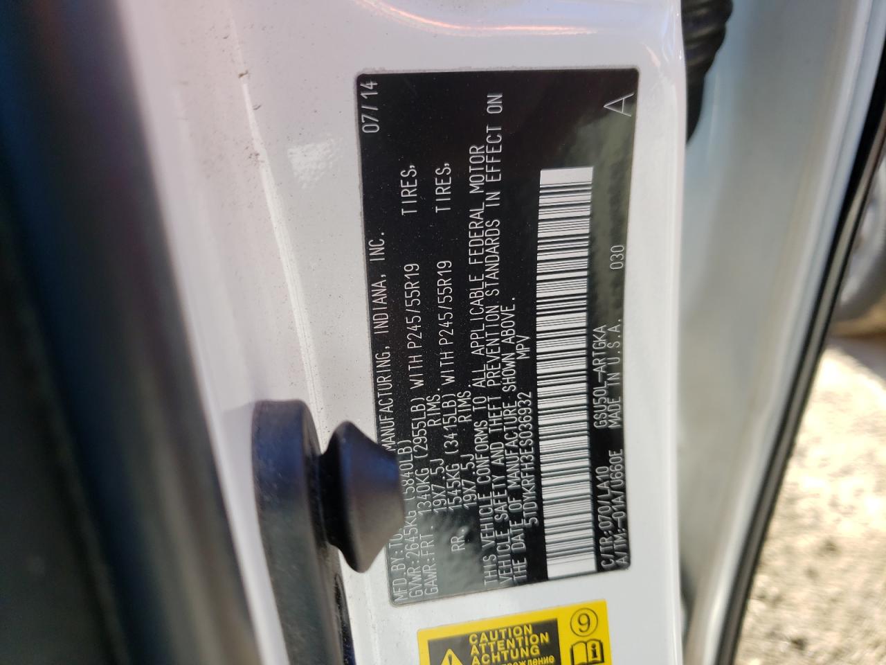 Photo 10 from auction – 2014 TOYOTA HIGHLANDER with VIN 5TDYKRFH3ES036932
