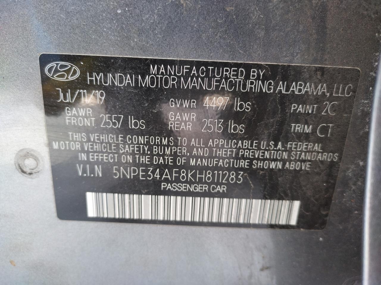 Photo 10 from auction – 2019 HYUNDAI SONATA LIM with VIN 5NPE34AF8KH811283