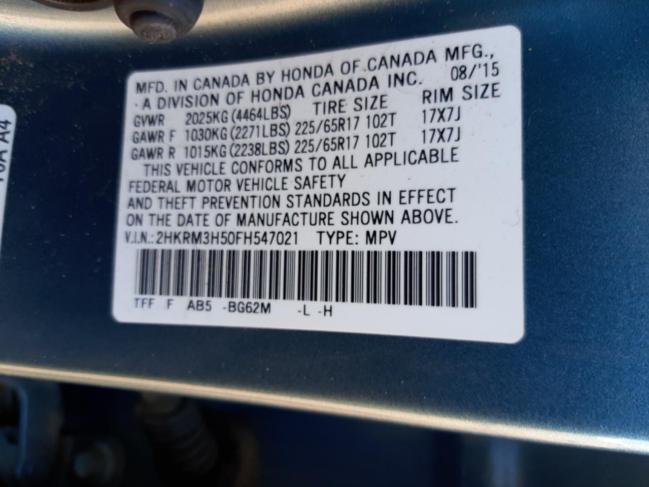 Photo 10 from auction – 2015 HONDA CR-V EX with VIN 2HKRM3H50FH547021