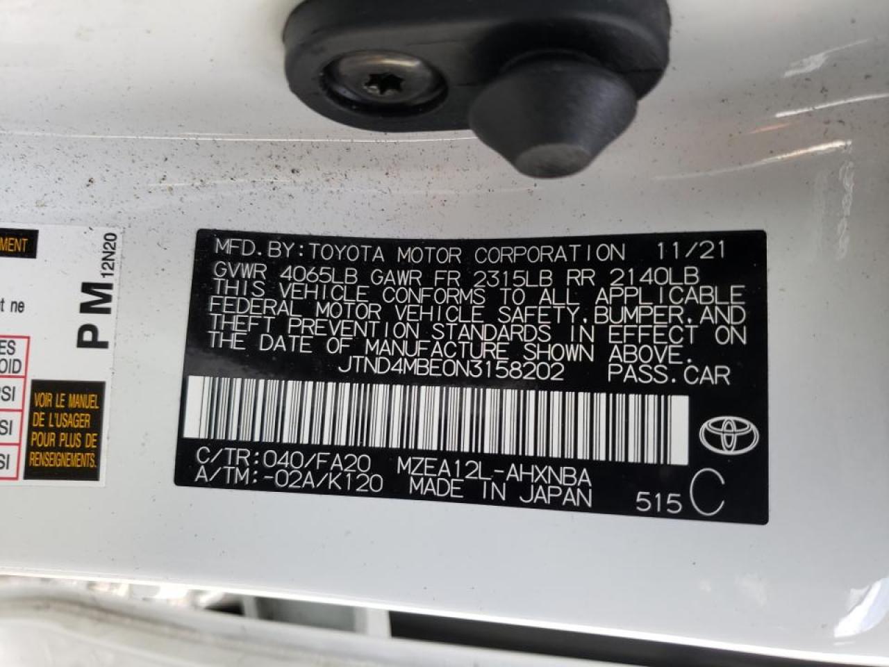 Photo 10 from auction – 2022 TOYOTA COROLLA SE with VIN JTND4MBE0N3158202