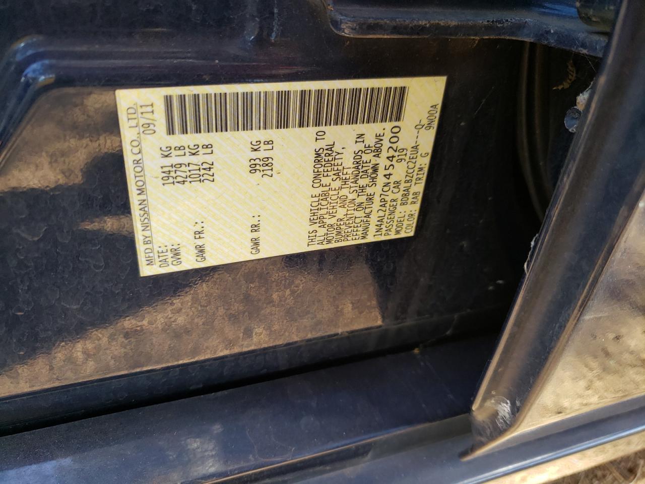 Photo 10 from auction – 2012 NISSAN ALTIMA BAS with VIN 1N4AL2AP7CN454200