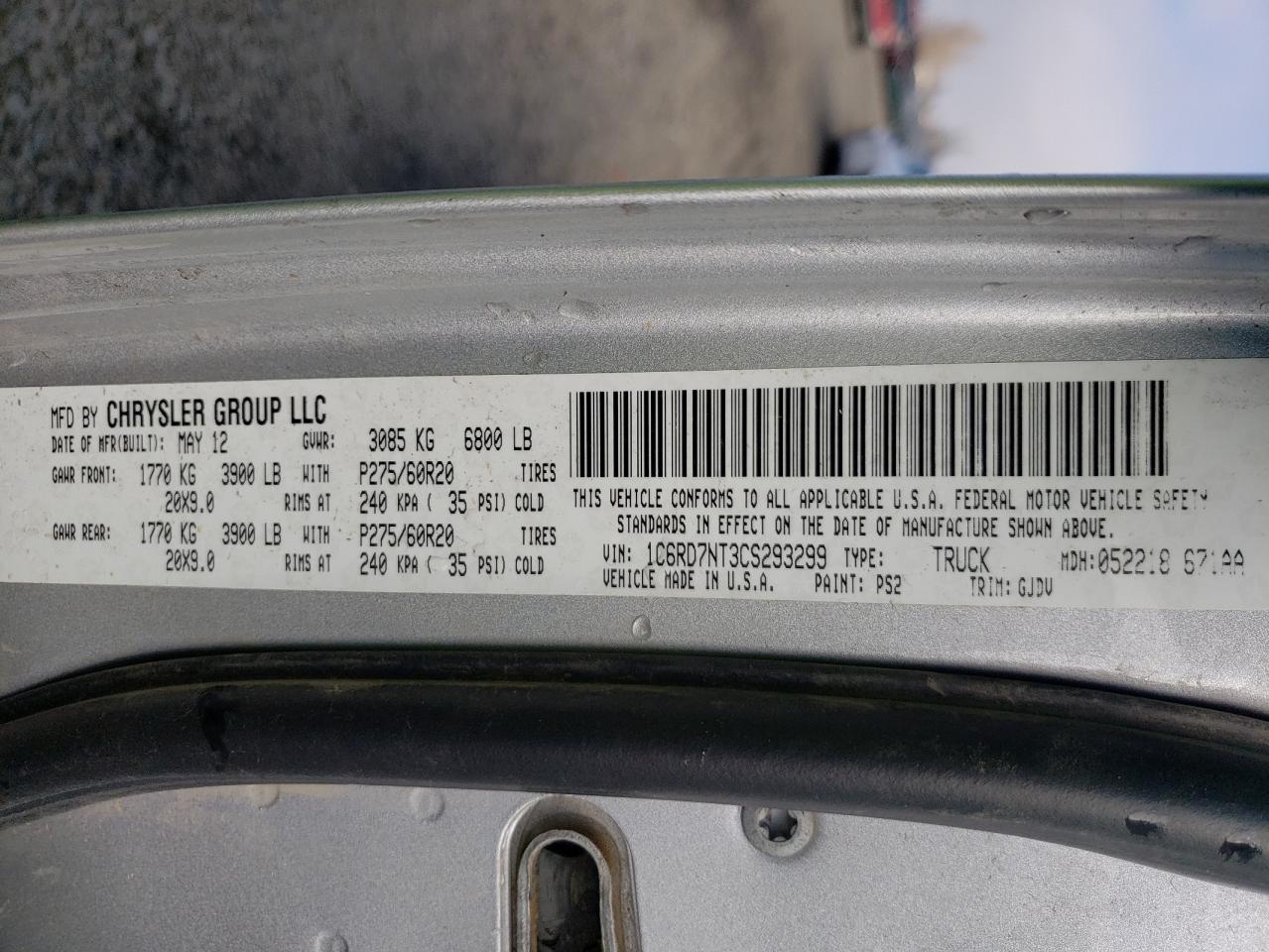 Photo 10 from auction – 2012 DODGE RAM 1500 L with VIN 1C6RD7NT3CS293299