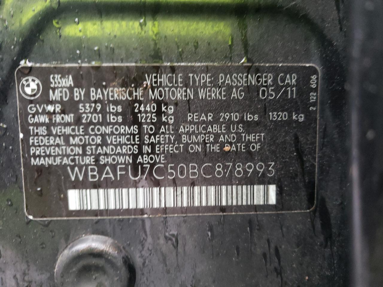 Photo 10 from auction – 2011 BMW 535 XI with VIN WBAFU7C50BC878993
