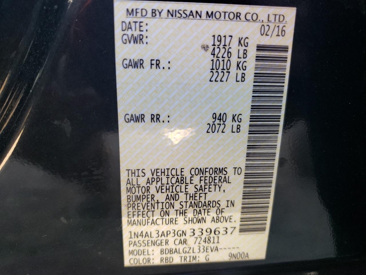 Photo 10 from auction – 2016 NISSAN ALTIMA 2.5 with VIN 1N4AL3AP3GN339637