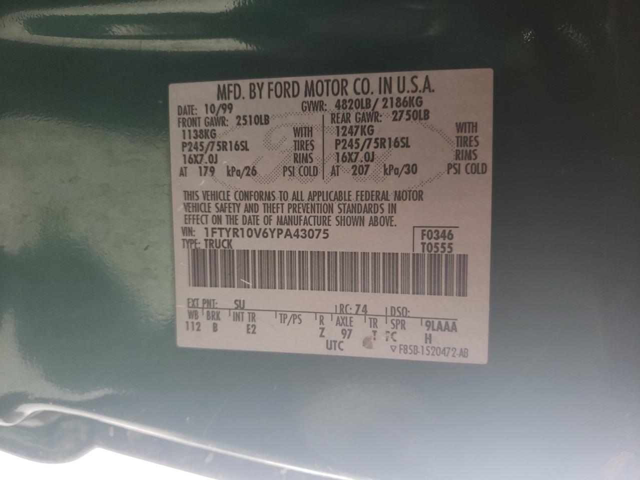 Photo 10 from auction – 2000 FORD RANGER with VIN 1FTYR10V6YPA43075