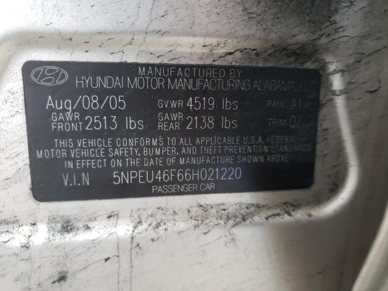 Photo 10 from auction – 2006 HYUNDAI SONATA GLS with VIN 5NPEU46F66H021220
