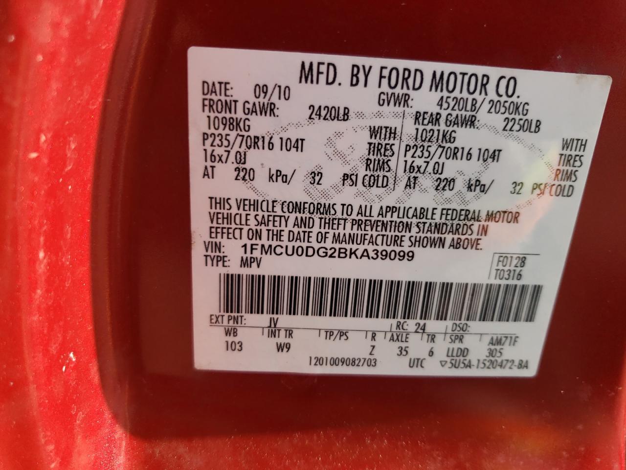 Photo 10 from auction – 2011 FORD ESCAPE XLT with VIN 1FMCU0DG2BKA39099