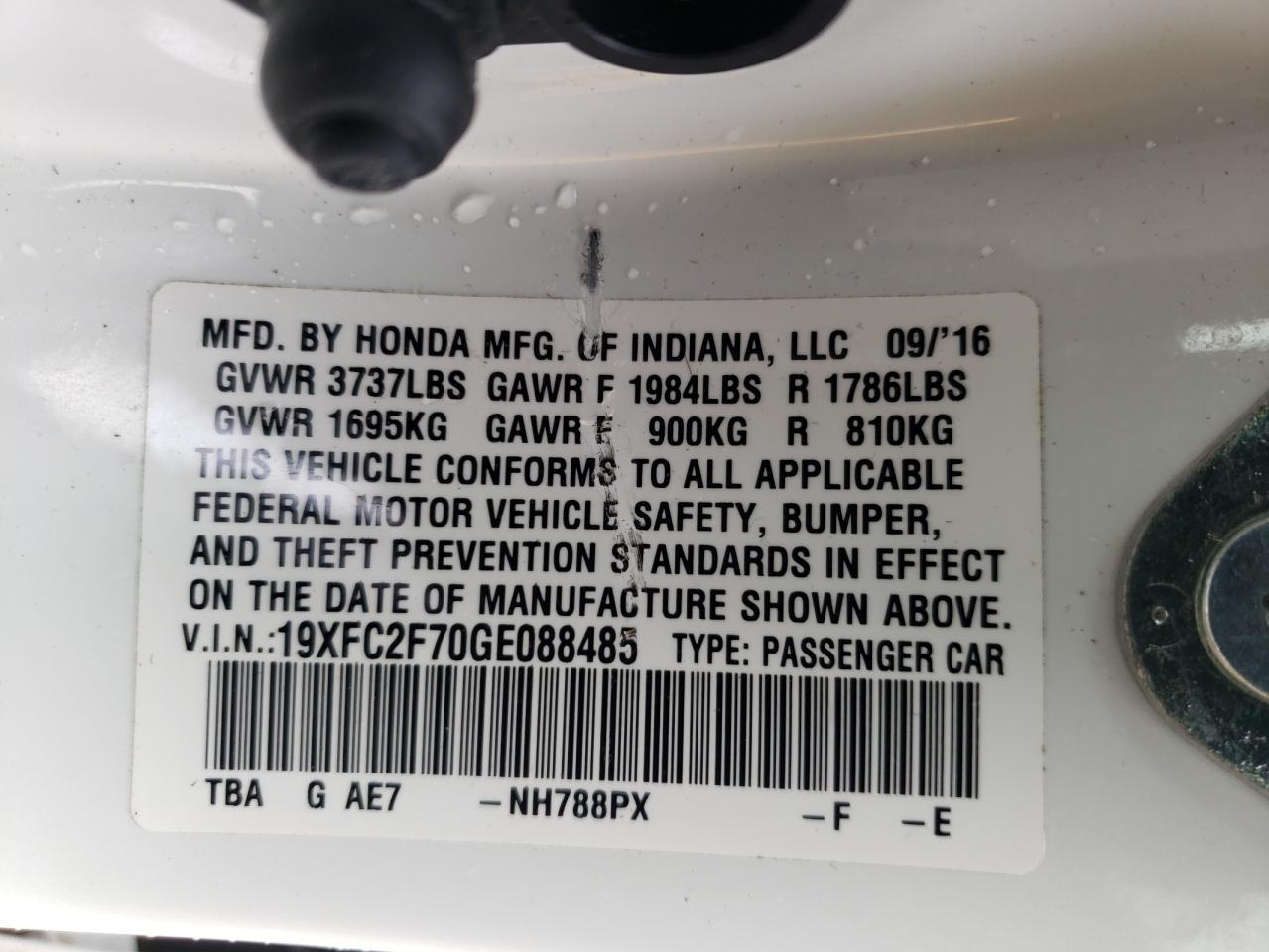 Photo 10 from auction – 2016 HONDA CIVIC EX with VIN 19XFC2F70GE088485