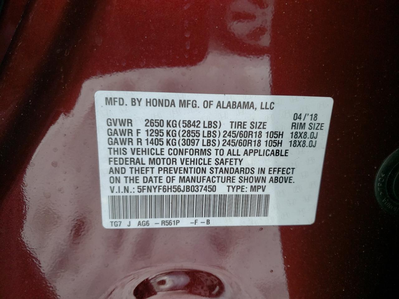 Photo 10 from auction – 2018 HONDA PILOT EXL with VIN 5FNYF6H56JB037450