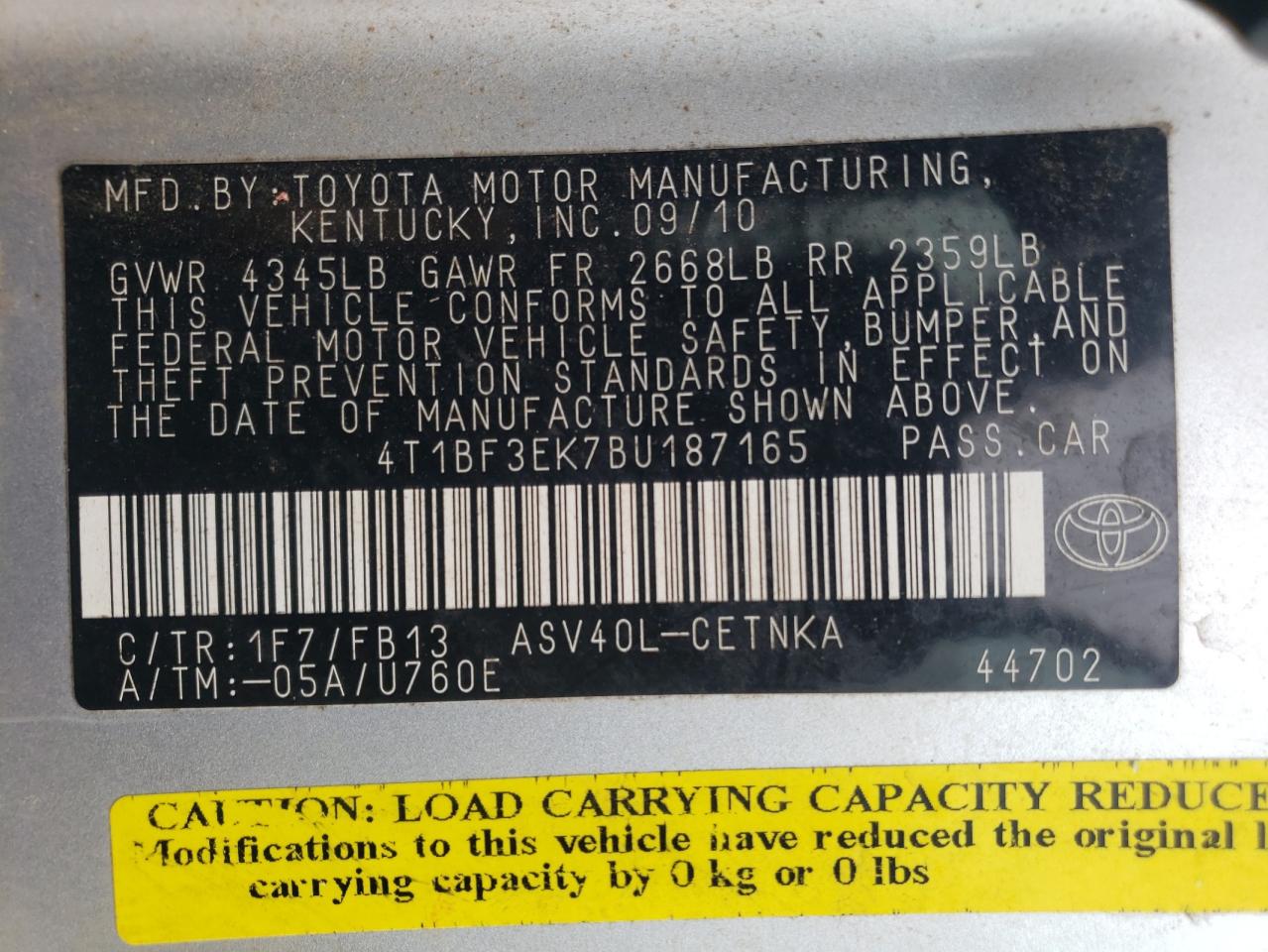 Foto 10 de la subasta – 2011 TOYOTA CAMRY BASE con VIN 4T1BF3EK7BU187165