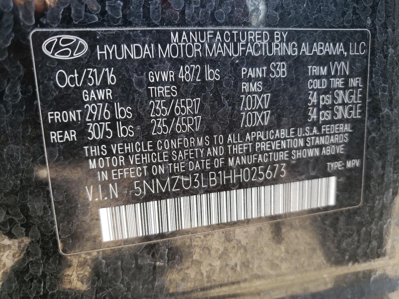 Photo 10 from auction – 2017 HYUNDAI SANTA FE S with VIN 5NMZU3LB1HH025673