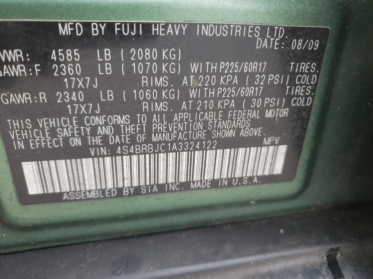 Foto 10 de la subasta – 2010 SUBARU OUTBACK 2. con VIN 4S4BRBJC1A3324122
