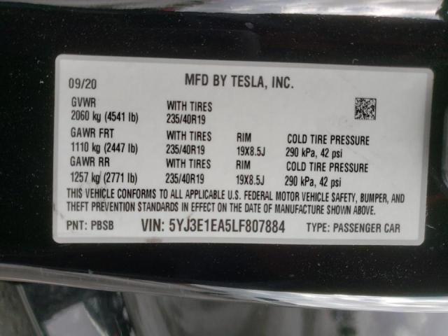 Photo 10 from auction – 2020 TESLA MODEL 3 with VIN 5YJ3E1EA5LF807884