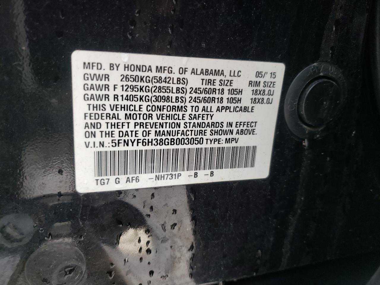Photo 10 from auction – 2016 HONDA PILOT EX with VIN 5FNYF6H38GB003050