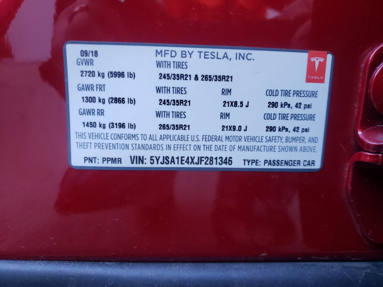 Photo 10 from auction – 2018 TESLA MODEL S with VIN 5YJSA1E4XJF281346