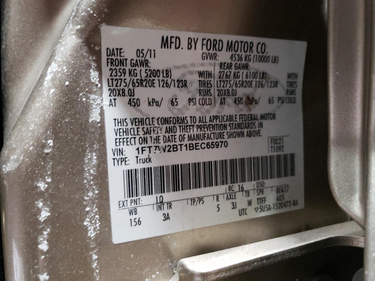 Photo 10 from auction – 2011 FORD F250 SUPER with VIN 1FT7W2BT1BEC65970