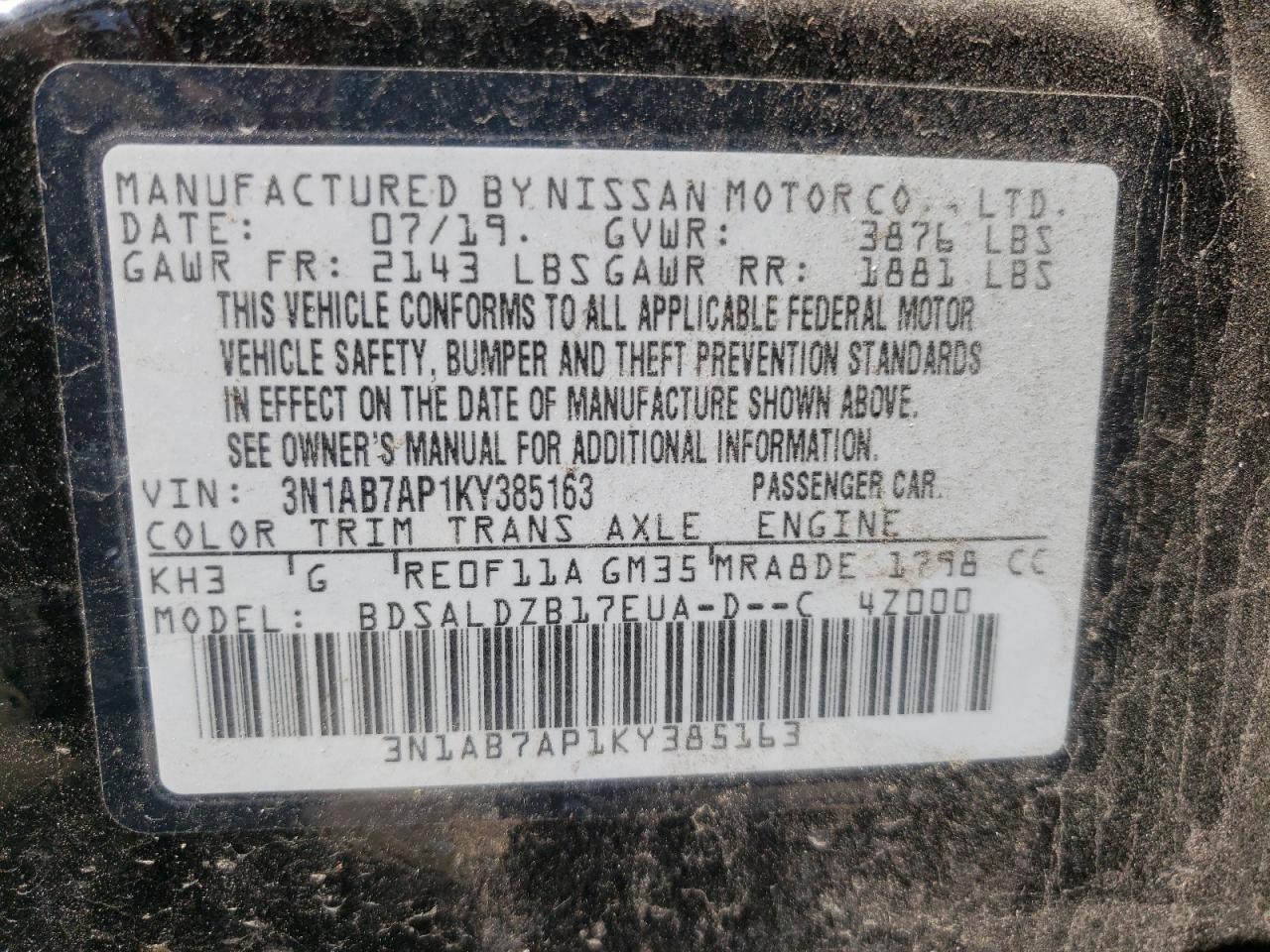 Photo 10 from auction – 2019 NISSAN SENTRA S with VIN 3N1AB7AP1KY385163