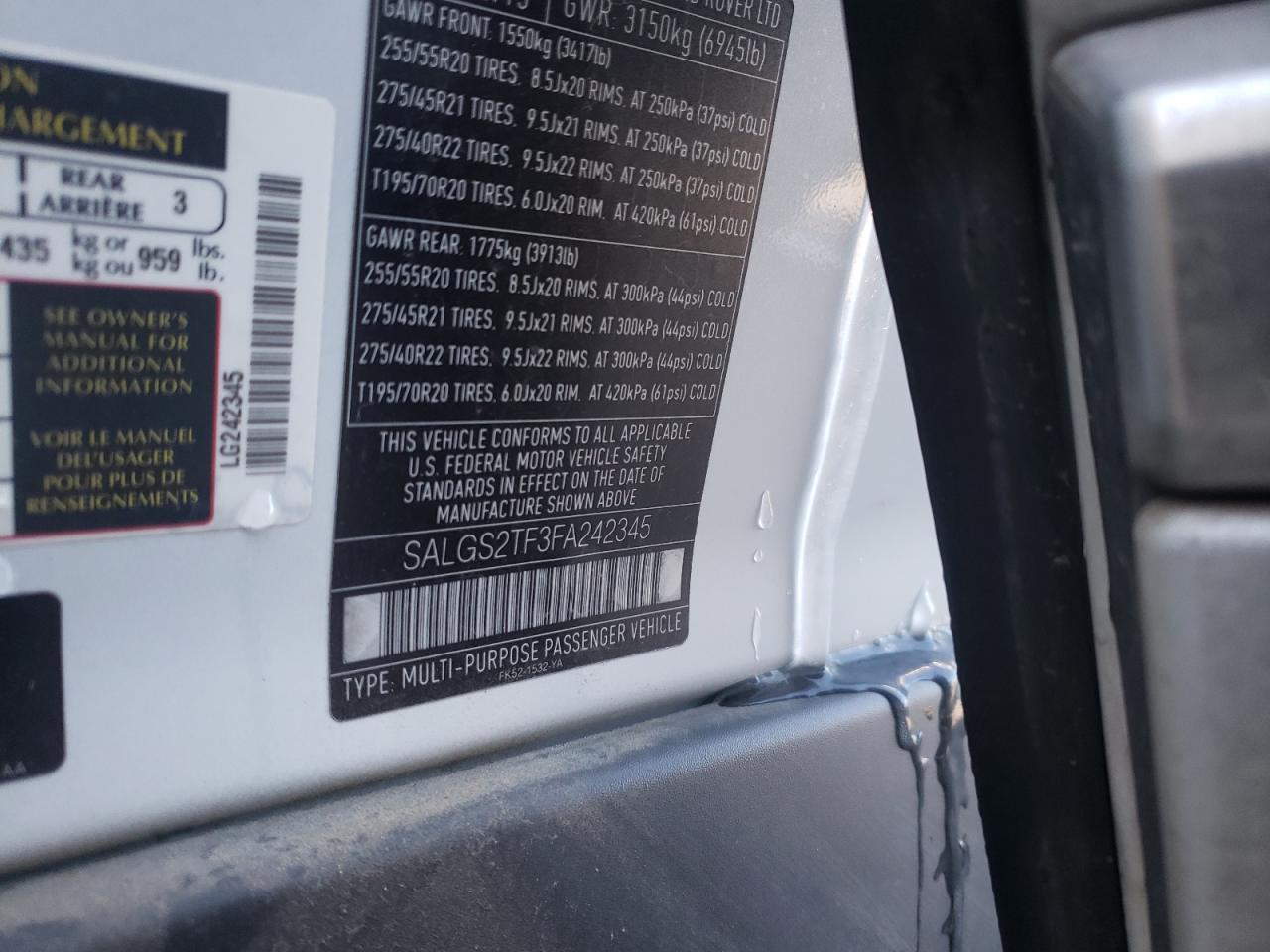 Photo 10 from auction – 2015 LAND ROVER RANGE ROVE with VIN SALGS2TF3FA242345