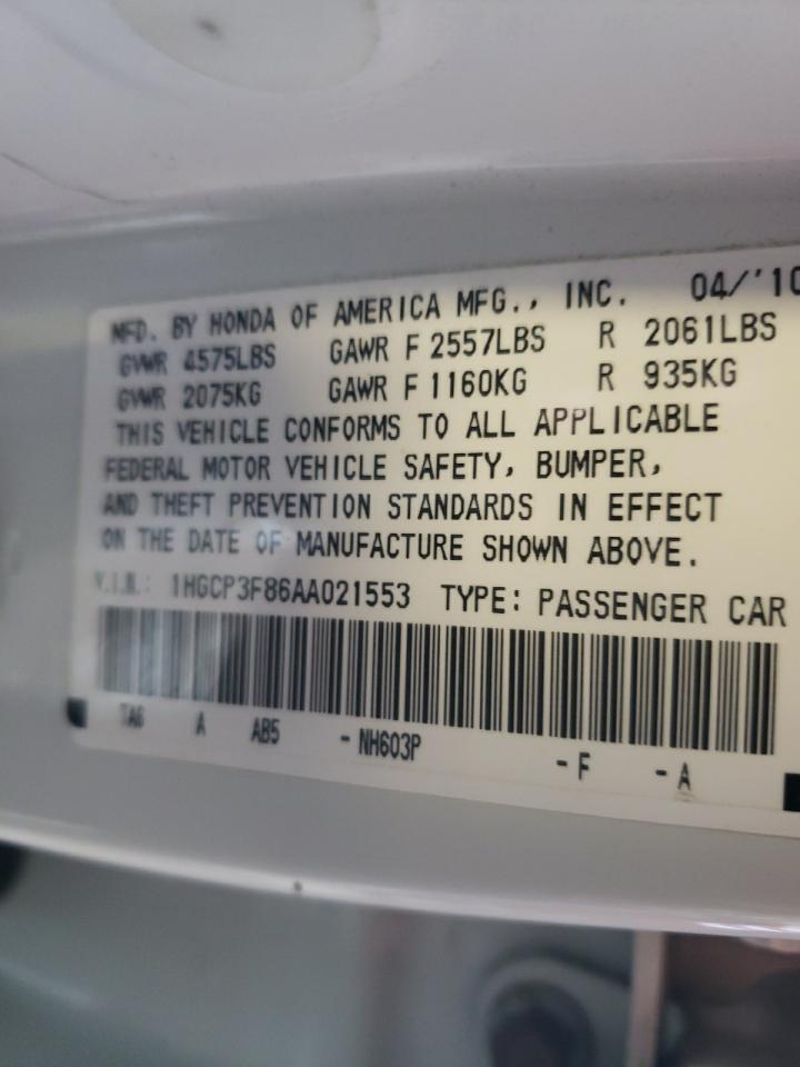 Photo 10 from auction – 2010 HONDA ACCORD with VIN 1HGCP3F86AA021553