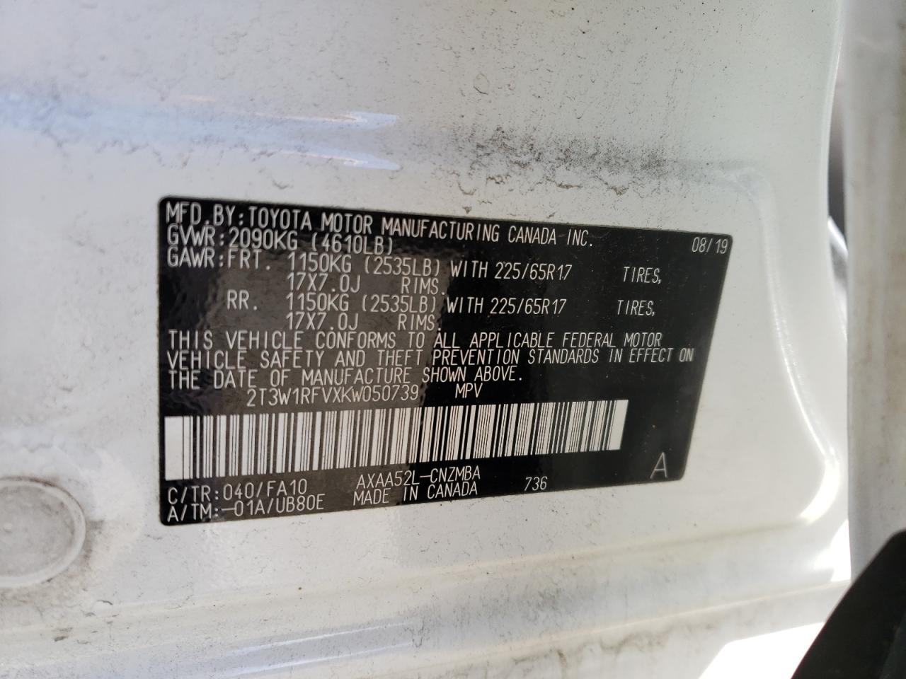 Photo 10 from auction – 2019 TOYOTA RAV4 XLE with VIN 2T3W1RFVXKW050739