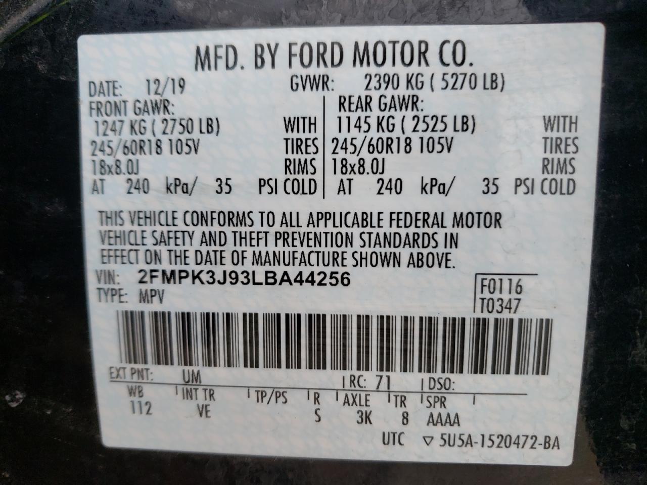Photo 10 from auction – 2020 FORD EDGE SEL with VIN 2FMPK3J93LBA44256
