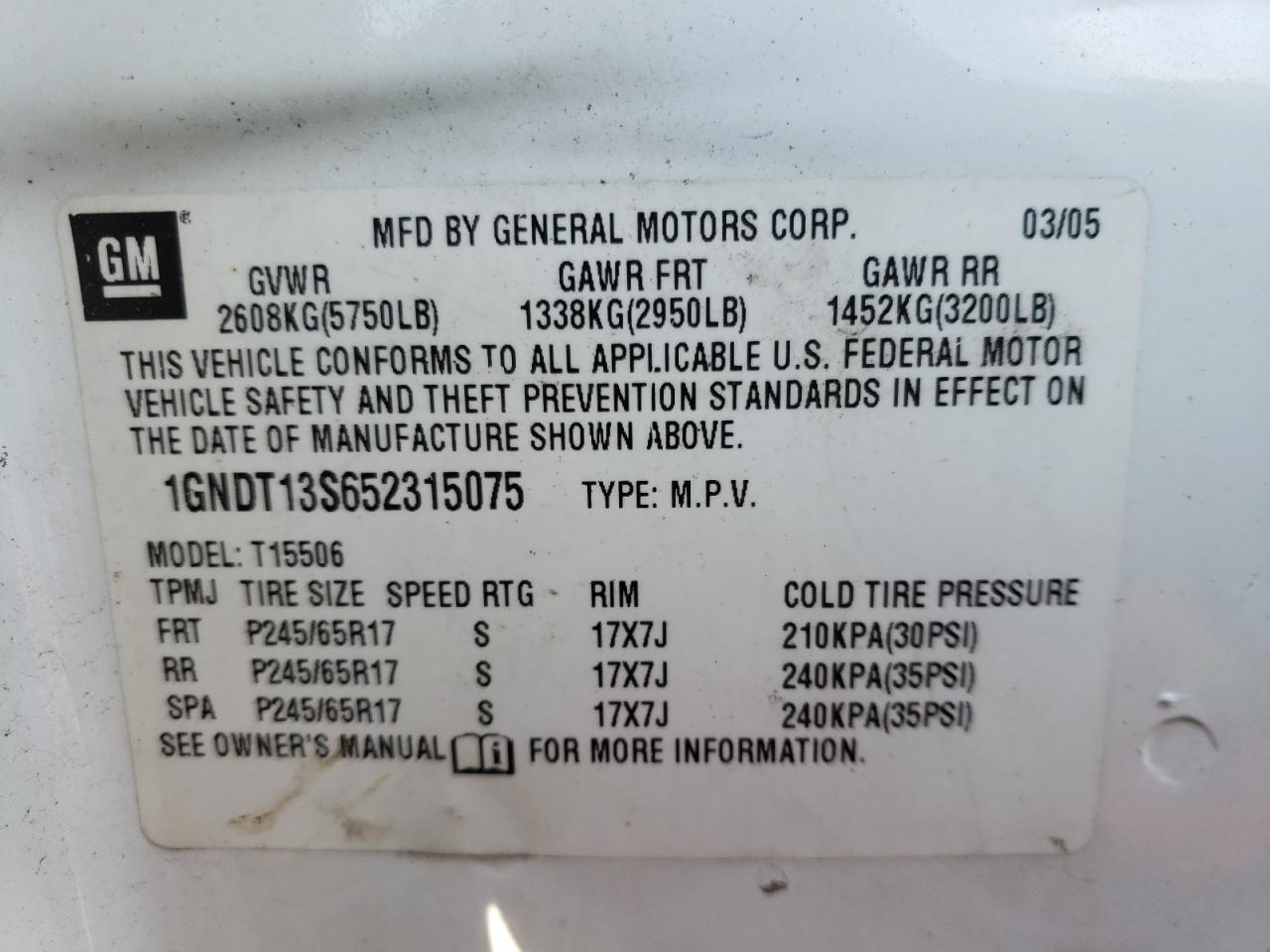 Photo 10 from auction – 2005 CHEVROLET TRAILBLAZE with VIN 1GNDT13S652315075
